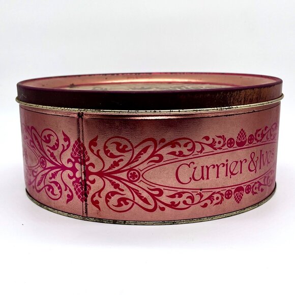 Vintage Currier & Ives Winter Pastime Decorative Tin Red Gold Round Storage - Picture 5 of 9